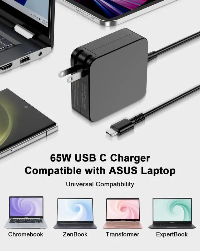 Alt view image 5 of 7 - 65W USB C Laptop Charger Compatible with Asus Rog Ally Chromebook ZenBook VivoBook, Flip UX390UA UX490 UX325 UX393 UX371, C302C C213 C214 C436 C523 ADP-45EW B, AC Power Adapter