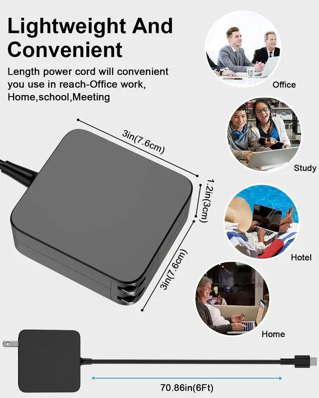Alt view image 7 of 7 - 65W USB C Laptop Charger Compatible with Asus Rog Ally Chromebook ZenBook VivoBook, Flip UX390UA UX490 UX325 UX393 UX371, C302C C213 C214 C436 C523 ADP-45EW B, AC Power Adapter
