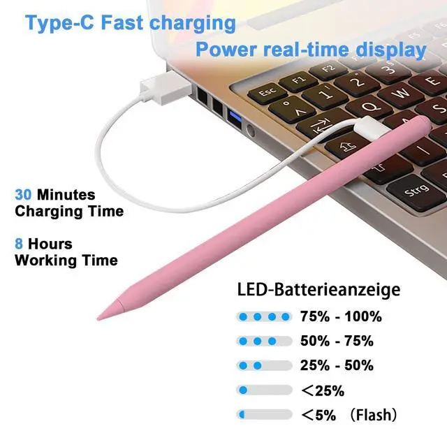 Alt view image 4 of 7 - Stylus Pen for iPad 9th&10th - Type-c Charging Pencil for ipad Palm Rejection Active Pen Compatible with (2018-2025) Apple iPad 6/7/8/9/10/11(A16), Air 3/4/5/M2/M3, Mini 5/6, Pro 11"/12.9"/M4Pink