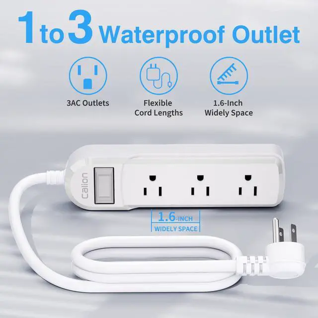 Alt view image 3 of 7 - White Outdoor Power Strip Weatherproof, 3FT Short Waterproof Extension Cord with 3 Wide Outlets, 16AWG 1625W/13Amps Outlet Extender for Kitchen, Patio, Garden Lighting