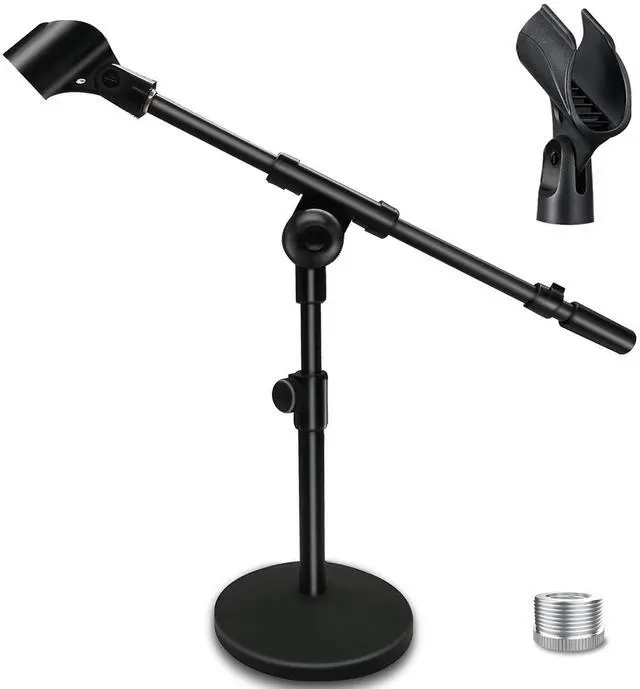 Main image of Adjustable Desktop Mic Stand, Desk Stand Tabletop Table Top Microphone Stand with Mic Clip for Handheld Microphone, Boom Arm, 5/8" Male to 3/8" Female Screw Adapter