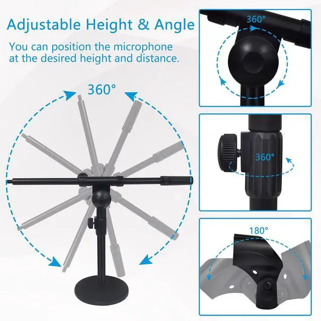 Alt view image 4 of 7 - Adjustable Desktop Mic Stand, Desk Stand Tabletop Table Top Microphone Stand with Mic Clip for Handheld Microphone, Boom Arm, 5/8" Male to 3/8" Female Screw Adapter