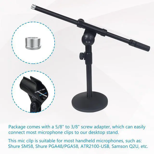 Alt view image 6 of 7 - Adjustable Desktop Mic Stand, Desk Stand Tabletop Table Top Microphone Stand with Mic Clip for Handheld Microphone, Boom Arm, 5/8" Male to 3/8" Female Screw Adapter