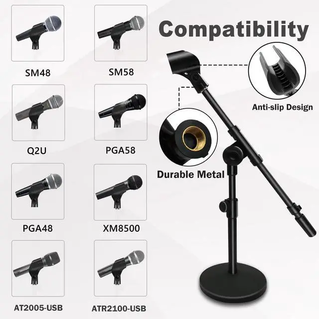 Alt view image 3 of 7 - Adjustable Desktop Mic Stand, Desk Stand Tabletop Table Top Microphone Stand with Mic Clip for Handheld Microphone, Boom Arm, 5/8" Male to 3/8" Female Screw Adapter