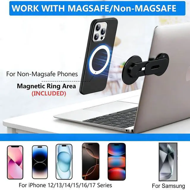 Alt view image 7 of 7 - Magnetic Phone Holder for Laptop, MagSafe Laptop Phone Mount for iPhone 17/16/15/14/13/12 & All Phones, 180°Adjustable Phone Side Mount for Monitors for Tesla (Black)