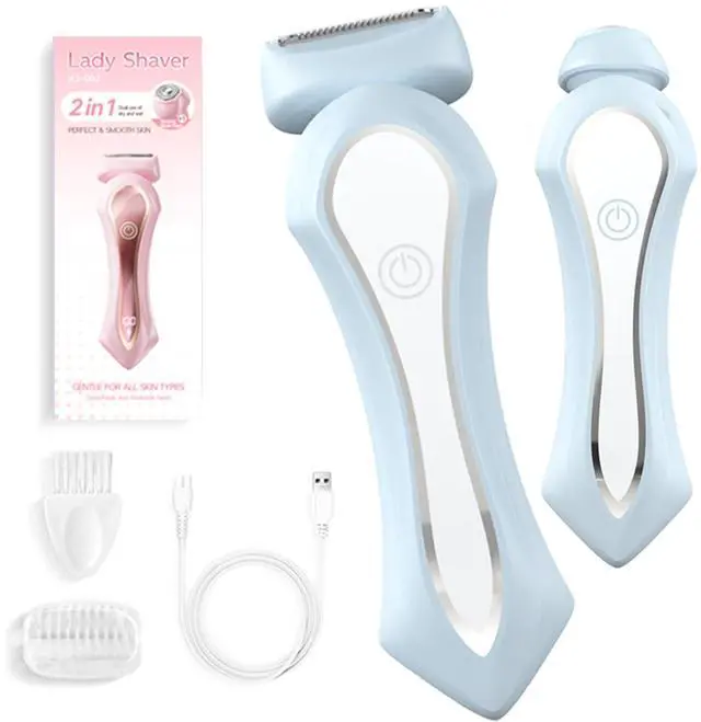 Main image of Bikini Trimmer for Women, 2-in-1 Electric Razors Dual Head, IPX7 Waterproof Body Hair Trimmer, Bikini Shave with Battery Level, USB-C, Wet Dry Use, Hair Remover for Legs Underarm Pubic Arm Face, Blue