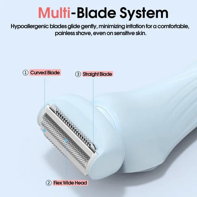 Alt view image 2 of 7 - Bikini Trimmer for Women, 2-in-1 Electric Razors Dual Head, IPX7 Waterproof Body Hair Trimmer, Bikini Shave with Battery Level, USB-C, Wet Dry Use, Hair Remover for Legs Underarm Pubic Arm Face, Blue