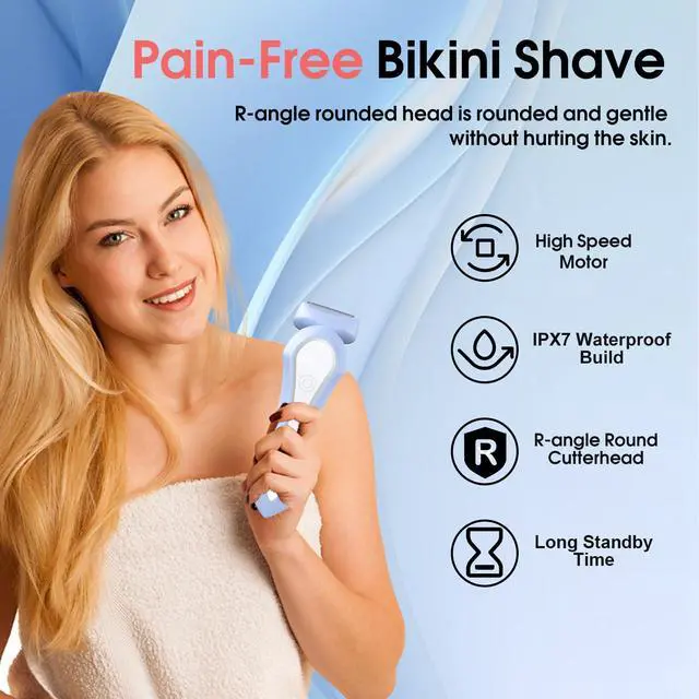 Alt view image 7 of 7 - Bikini Trimmer for Women, 2-in-1 Electric Razors Dual Head, IPX7 Waterproof Body Hair Trimmer, Bikini Shave with Battery Level, USB-C, Wet Dry Use, Hair Remover for Legs Underarm Pubic Arm Face, Blue