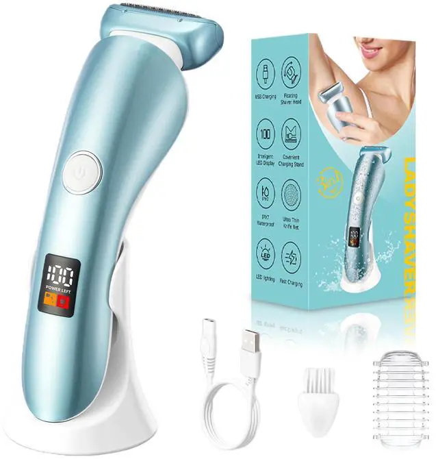 Main image of Electric Razors for Women, Bikini Trimmer Wet & Dry Use, Painless Pubic Hair Trimmer, Rechargeable Electric Shaver for Legs, Face, Pubic Hair, Underarms with Detachable Head, Blue