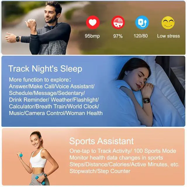Alt view image 2 of 6 - Fitness Tracker Smart Watch (Answer/Make Call) with Heart Rate Monitor/Step Counter/Calories, Activity Tracker Sleep Monitor, IP68, Health Tracker Pedometer Stopwatch for Man Women