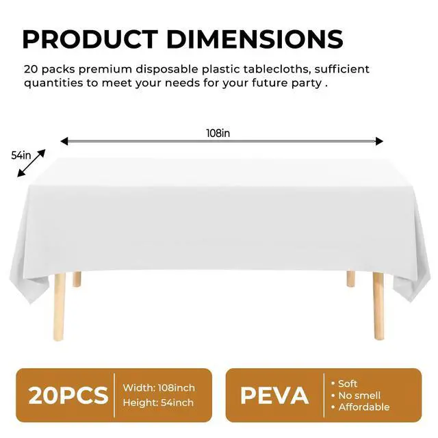 Alt view image 2 of 6 - 20 Pack White Disposable Plastic Table Cloth, 54" x 108" Rectangle Premium Disposable Tablecloth for 6 to 8 Foot Party Birthday Wedding Indoor or Outdoor (20 Pack-Rectangle, White)