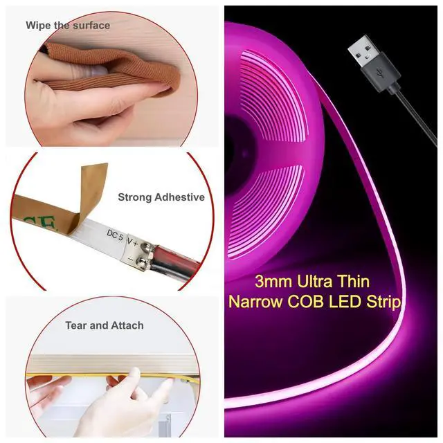 Alt view image 2 of 7 - Ultra Thin 3mm 5v USB Cob Led Light Strip Gaming Desk Pc Setup Mood Lighting(Purple, 2ft)