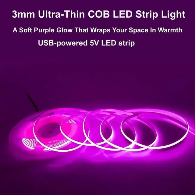 Alt view image 4 of 7 - Ultra Thin 3mm 5v USB Cob Led Light Strip Gaming Desk Pc Setup Mood Lighting(Purple, 2ft)