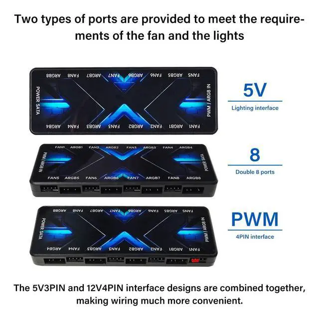 Alt view image 4 of 7 - ARGB and PWM Fan Hub Controller, 8-Port 5V 3-Pin ARGB and 12V 4-Pin PWM PC Case Fan Splitter, SATA Powered RGB Hub with Magnetic Stand-Off, Acrylic Cover