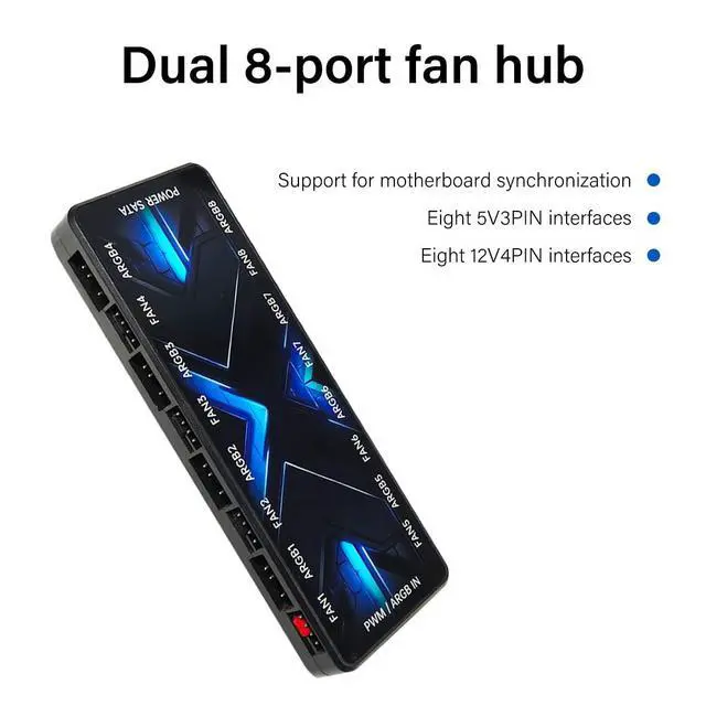 Alt view image 5 of 7 - ARGB and PWM Fan Hub Controller, 8-Port 5V 3-Pin ARGB and 12V 4-Pin PWM PC Case Fan Splitter, SATA Powered RGB Hub with Magnetic Stand-Off, Acrylic Cover