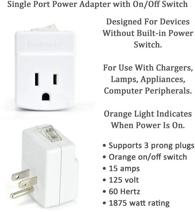 Alt view image 3 of 5 - 3 Prong Grounded Single Port Power Adapter with Indicator On/Off Switch (1 Pack)