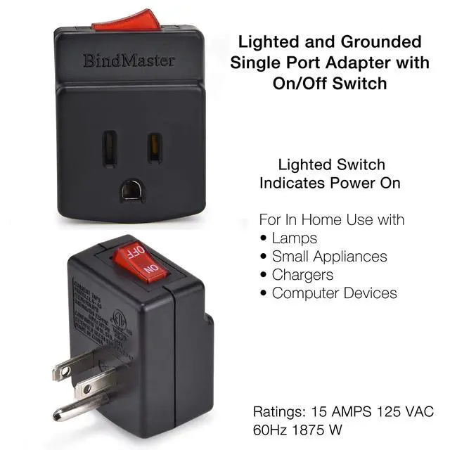 Alt view image 2 of 5 - 3 Prong Grounded Single Port Power Adapter with Red Light Indicator On/Off Switch to be Energy Saving, Black (1 Pack)
