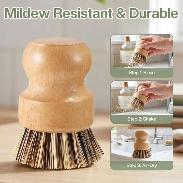 Alt view image 2 of 4 - Wooden Dish Brush Handheld Bamboo Wok Brush Scrubber for Dishes Pans Pots Fruit and Veggie Washing(1,Beige Brown)