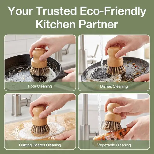 Alt view image 4 of 4 - Wooden Dish Brush Handheld Bamboo Wok Brush Scrubber for Dishes Pans Pots Fruit and Veggie Washing(1,Beige Brown)