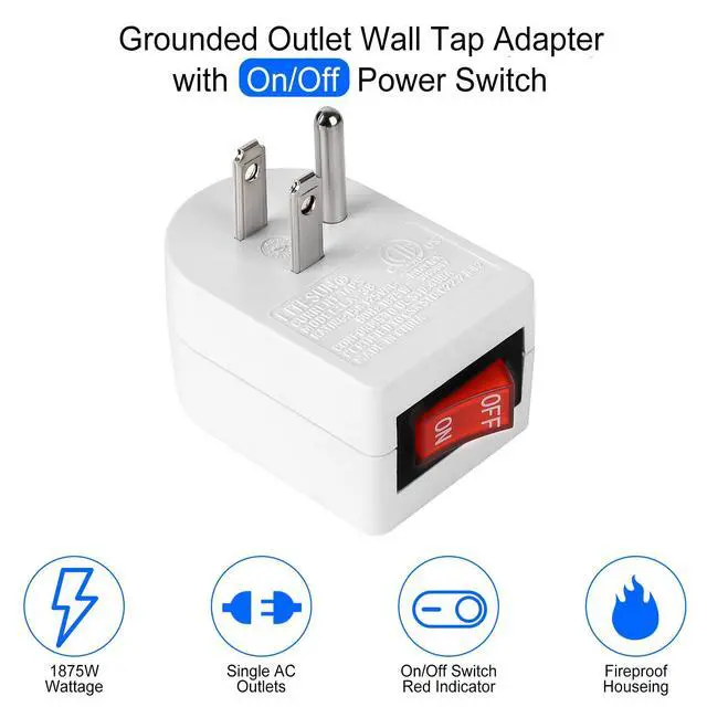 Alt view image 2 of 7 - Grounded Outlet with ON Off Switch, Wall Tap Adapter Single Outlet Power Switch 15A 1875W/3 Prong Plug Switch in White, ETL Listed (1 Pack)