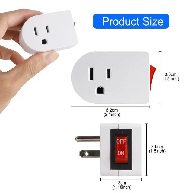 Alt view image 3 of 7 - Grounded Outlet with ON Off Switch, Wall Tap Adapter Single Outlet Power Switch 15A 1875W/3 Prong Plug Switch in White, ETL Listed (1 Pack)
