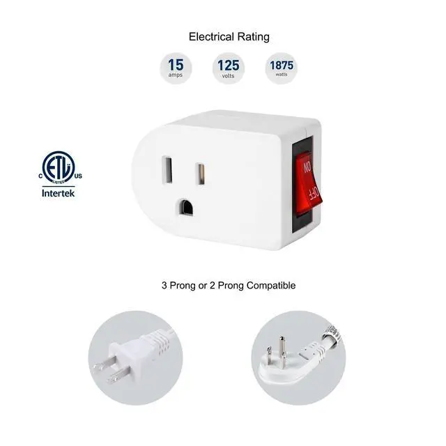 Alt view image 4 of 7 - Grounded Outlet with ON Off Switch, Wall Tap Adapter Single Outlet Power Switch 15A 1875W/3 Prong Plug Switch in White, ETL Listed (1 Pack)
