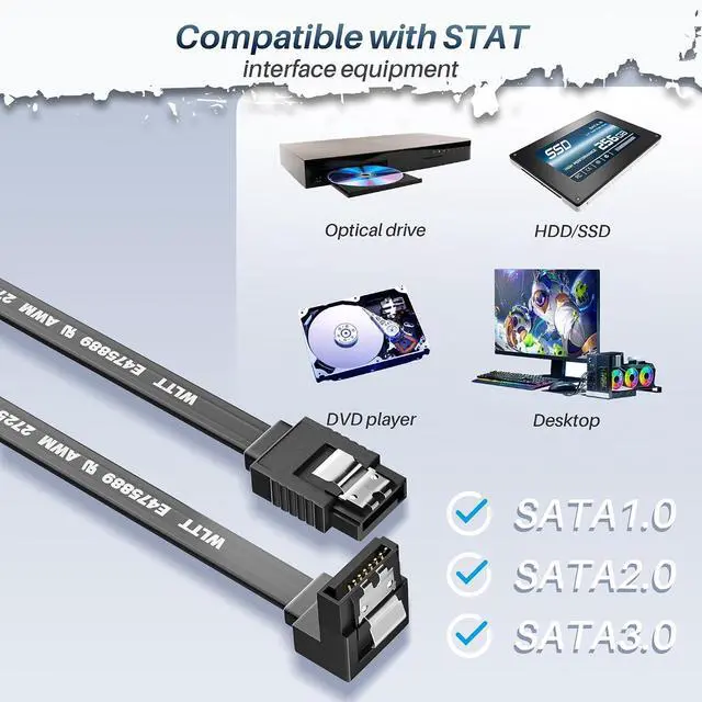 Alt view image 5 of 7 - SATA Cable III 18 Inch (2-Pack), 7-Pin 90 Degree Right Angle Connector, 6Gbps SATA Data Cord with Locking Latch, Compatible with HDD, SDD, CD Driver, CD Writer, Black