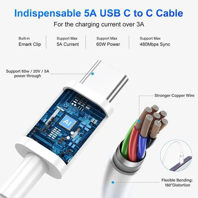 Alt view image 4 of 7 - 60W USB C to USB C Cable 3 Pack,3 Feet Type C Fast Charging Cord Charger Compatible for Samsung Galaxy S23 S22 S21 S20 Ultra, Note 20 10, Google Pixel 2/3/4, MacBook Pro/Air, iPad Pro (White)
