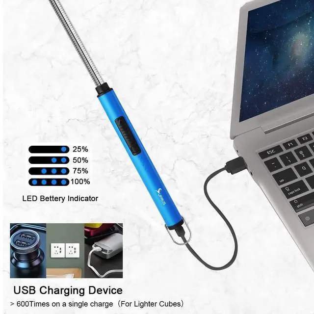 Alt view image 5 of 7 - Fluorescent Lighter Glows in The Dark 360°Flexible Neck USB Rechargeable Windproof Triple Safety for Candle Cooking BBQ in Party (Blue)