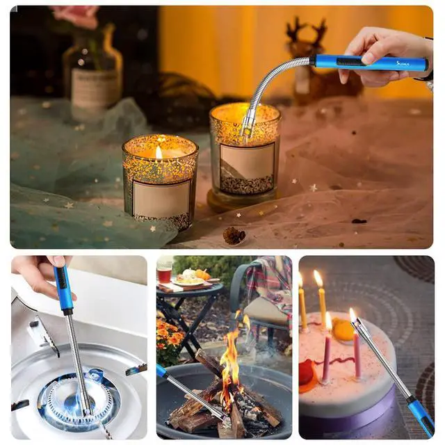 Alt view image 6 of 7 - Fluorescent Lighter Glows in The Dark 360°Flexible Neck USB Rechargeable Windproof Triple Safety for Candle Cooking BBQ in Party (Blue)