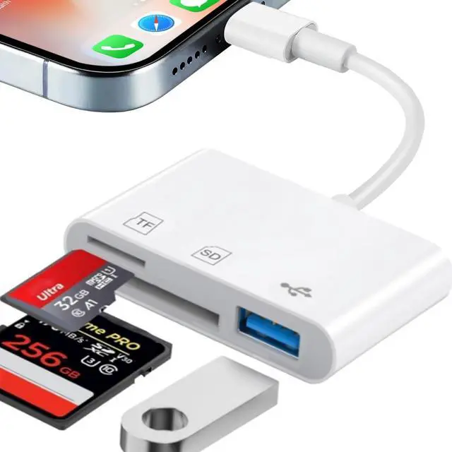 Main image of SD Card Reader for iPhone, SD & Micro SD Memory Card Reader for iPad, Digital Camera Card Adapter with Dual Slots & USB Port, Trail Game Camera SD Card Viewer, Plug and Play