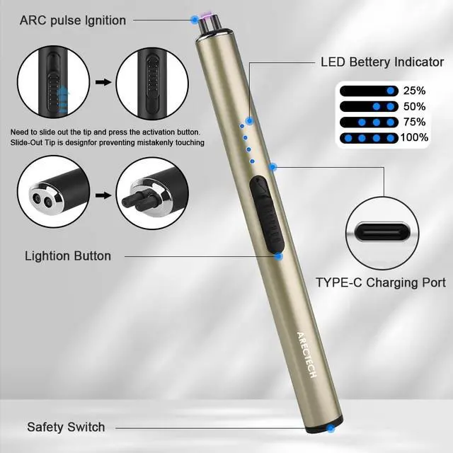 Alt view image 3 of 7 - Electric Candle Rechargeable Lighter Arc Plasma Lighter for Candle Kitchen Camping Christmas Type-C Gold