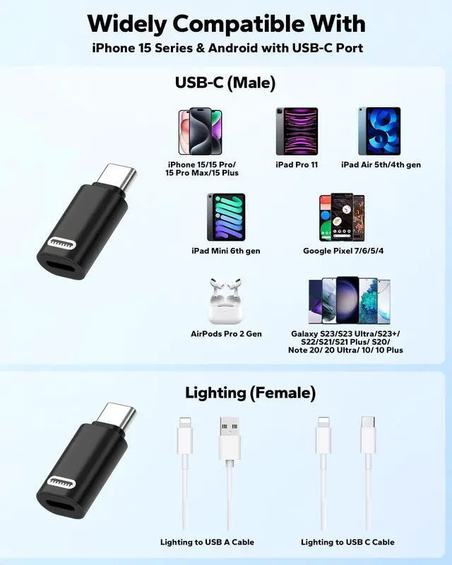 Alt view image 6 of 7 - Lightning to USB-C Adapter for iPhone 17 Air 16 15, 2 Pack, Black PD