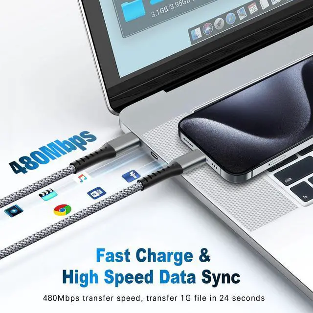 Alt view image 5 of 7 - USB-C to USB-C 60W 3FT 3-Pack, Nylon Braided Fast Charging Cable