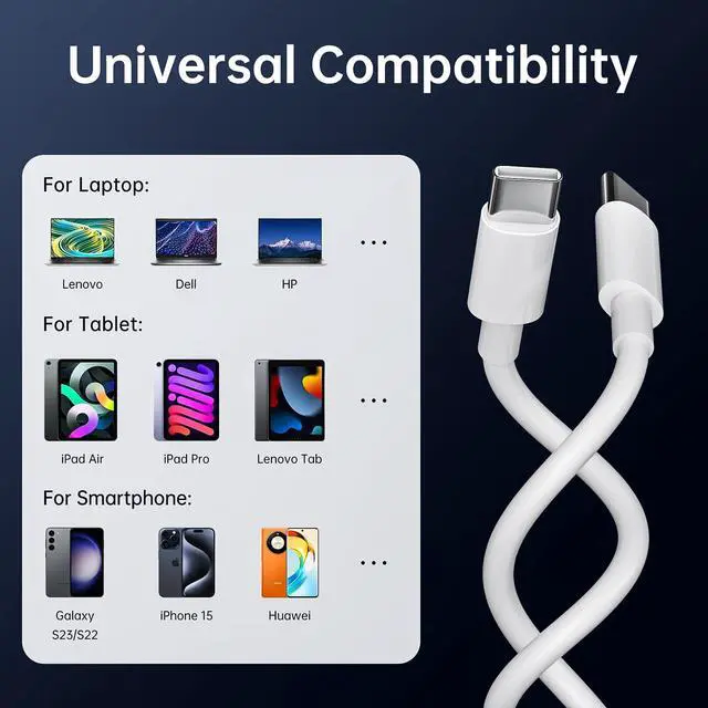 Alt view image 5 of 6 - Dual-Pack USB-C to USB-C Cable MacBook Pro Essential 6.6ft - Type c Charger Fast Charging Cord Supported for iPhone 15/16/17 Series, MacBook Air/Pro