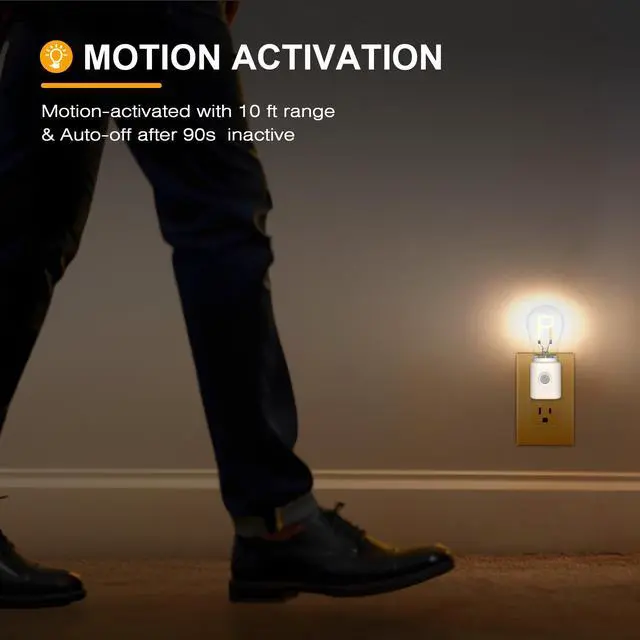 Alt view image 4 of 5 - Motion Sensor Night Light, LED Night Lights Plug into Wall, 10-100LM Dimmable Night Light P-Type for Hallway, Stairs, Bedroom, Garage, Bathroom, 2200K Amber, 2-Pack