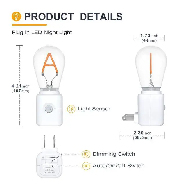 Alt view image 2 of 5 - Plug-in LED Night Light with Motion Sensor, Dimmable 2200K Warm, A-Type Nightlight with Adjustable Brightness, 2-Pack