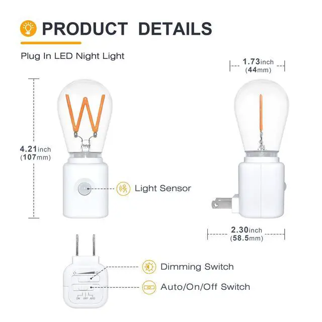 Alt view image 2 of 5 - LED Night Light, Amber Nightlight, Dimmable Night Light with Motion Sensor, 10-100LM, 2200K W-Type Light for Kids Bedroom, Bathroom, 2-Pack