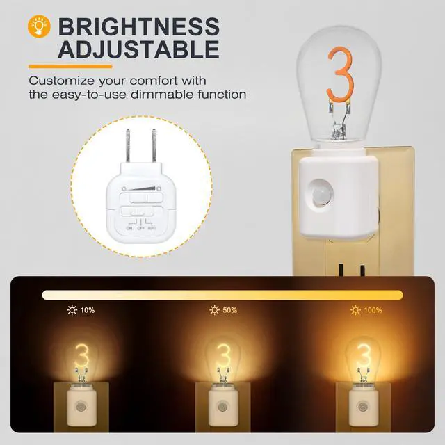 Alt view image 3 of 5 - LED Night Light, Brightness Adjustable Night Lights Plug into Wall, Vintage Nightlight with Motion Sensor, 2200KAmber, Dimmable Plug in Nightlights for Bedroom, Gift, 2-Pack