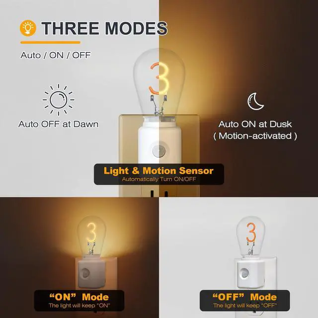 Alt view image 5 of 5 - LED Night Light, Brightness Adjustable Night Lights Plug into Wall, Vintage Nightlight with Motion Sensor, 2200KAmber, Dimmable Plug in Nightlights for Bedroom, Gift, 2-Pack
