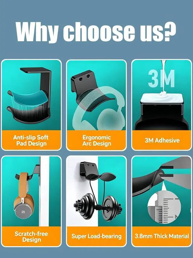 Alt view image 2 of 5 - 2-Pack Under Desk Headphone Hanger Adhesive Headset Holder Mount