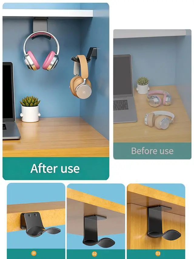 Alt view image 5 of 5 - 2-Pack Under Desk Headphone Hanger Adhesive Headset Holder Mount