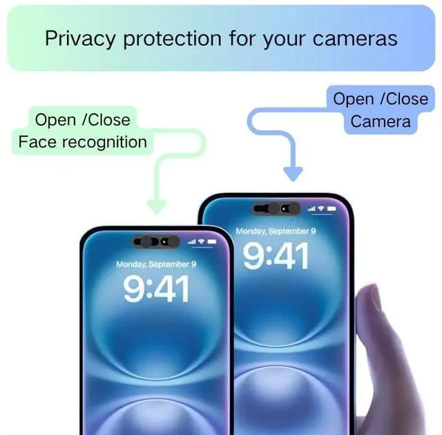 Alt view image 2 of 7 - Front Camera Privacy Cover, Camera Protector Compatible with iPhone 16/16Plus/16Pro/16 Pro Max/15/15Plus/15Pro/15 Pro Max/14Pro/14 Pro Max,, On/Off Face Recognition , Strong Adhesive-Black, 2 Pack