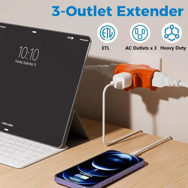 Alt view image 2 of 6 - 3-Outlet Adapter, 3 Prong Plug Extender, Heavy-Duty Grounded Power Tap 3 Way Splitter Adapter, Electric Outlet Expander Sideways, Multiple Colors, T-Shape Design, ETL Listed, Orange/White/Grey, 3 Pack