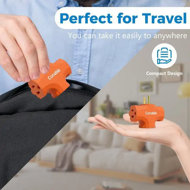 Alt view image 5 of 6 - 3-Outlet Adapter, 3 Prong Plug Extender, Heavy-Duty Grounded Power Tap 3 Way Splitter Adapter, Electric Outlet Expander Sideways, Multiple Colors, T-Shape Design, ETL Listed, Orange/White/Grey, 3 Pack