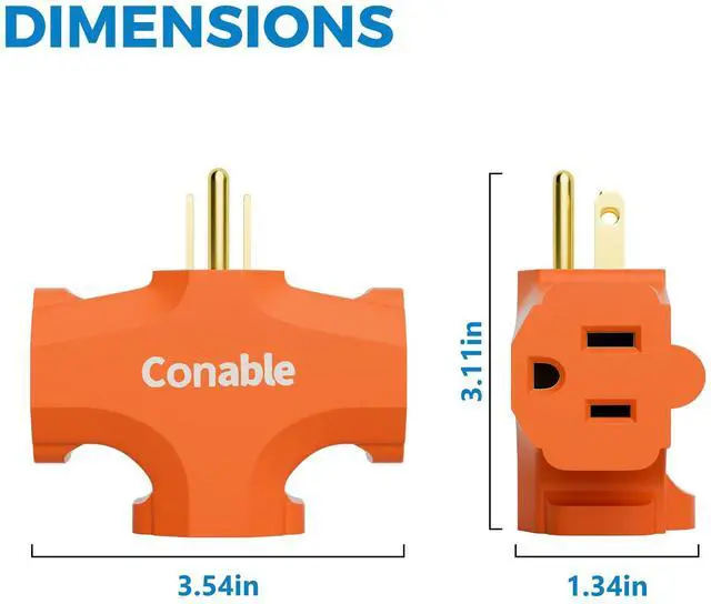 Alt view image 6 of 6 - 3-Outlet Adapter, 3 Prong Plug Extender, Heavy-Duty Grounded Power Tap 3 Way Splitter Adapter, Electric Outlet Expander Sideways, Multiple Colors, T-Shape Design, ETL Listed, Orange/White/Grey, 3 Pack