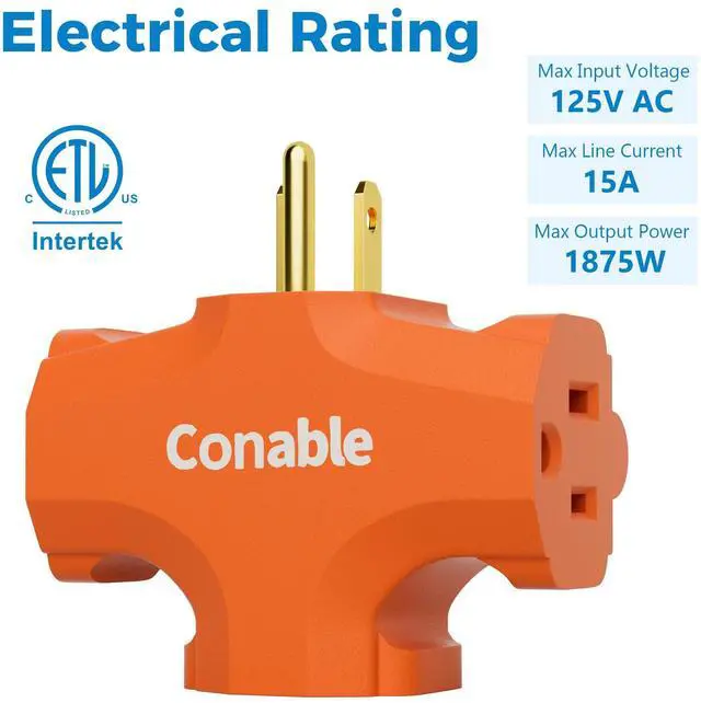 Alt view image 4 of 6 - 3-Outlet Adapter, 3 Prong Plug Extender, Heavy-Duty Grounded Power Tap 3 Way Splitter Adapter, Electric Outlet Expander Sideways, Multiple Colors, T-Shape Design, ETL Listed, Orange/White/Grey, 3 Pack