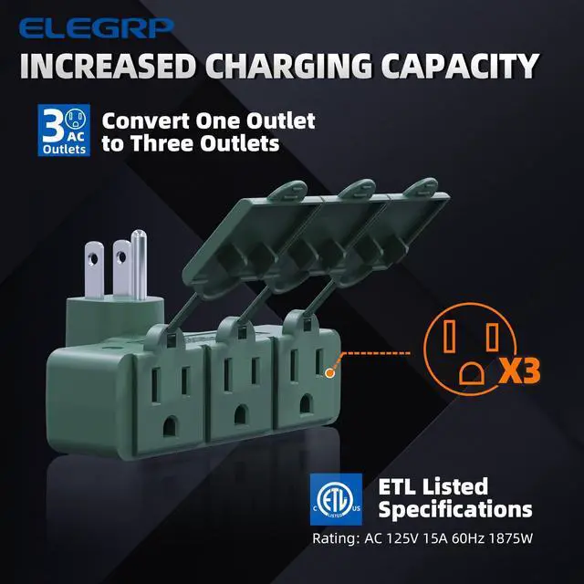 Alt view image 2 of 6 - 3-Prong Weatherproof 3-Outlet Extender Adapter, Heavy Duty Triple Grounding Outlet Power Extender with Dust-proof Cover, Indoor/Outdoor Use, ETL Listed, 1 Pack, Green