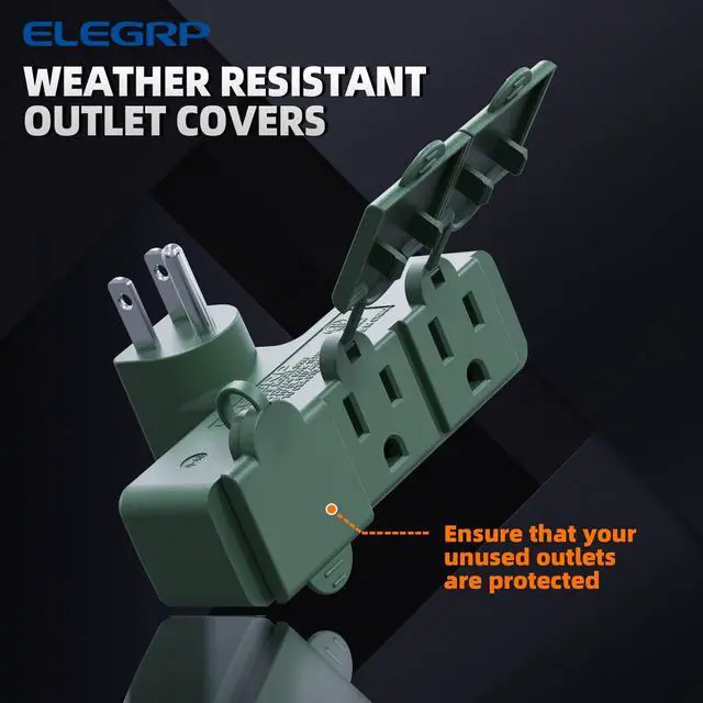 Alt view image 3 of 6 - 3-Prong Weatherproof 3-Outlet Extender Adapter, Heavy Duty Triple Grounding Outlet Power Extender with Dust-proof Cover, Indoor/Outdoor Use, ETL Listed, 1 Pack, Green