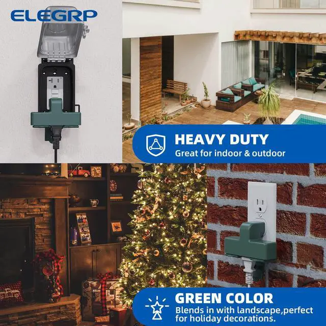 Alt view image 4 of 6 - 3-Prong Weatherproof 3-Outlet Extender Adapter, Heavy Duty Triple Grounding Outlet Power Extender with Dust-proof Cover, Indoor/Outdoor Use, ETL Listed, 1 Pack, Green
